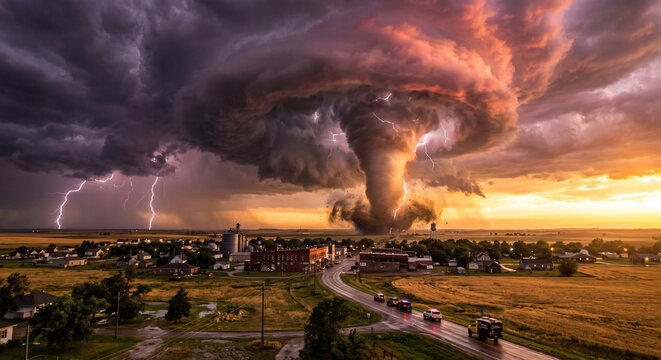Giant EF5 Tornado Over Golden Prairie with Rotating Funnel Cloud Extreme Supercell Storm Landscape Background