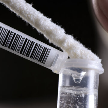 Amphibian swab testing macro photograph showing sterile rayon tipped diagnostic swab entering clear sample tube with buffer fluid and barcode label, supporting pathogen surveillance research