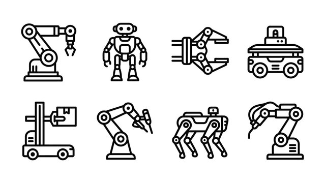 Robotic Innovation Set: A collection of sleek, modern robotic icons showcasing advanced technology, including industrial arms, automated vehicles, and a quadrupedal robot.