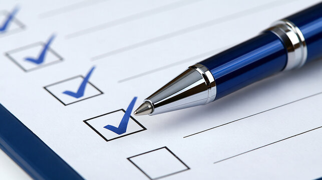 Blue pen on a paper checklist with multiple marked boxes. Useful for business task completion or survey concepts.