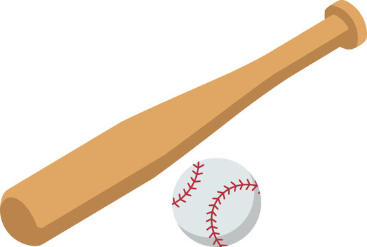 Isometric baseball bat and ball illustration for sports, recreation, American culture, athletic equipment, game day and baseball themed design projects
