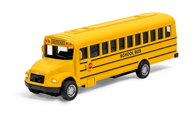 Yellow school bus parked on isolated white background three-quarter front view with side windows, hood, and wheels © Soho A studio