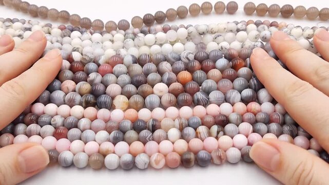Colorful collection of polished natural gemstone round bead strands featuring grey, white, and pink mineral spheres displayed in parallel rows for jewelry design