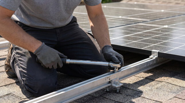 Installer using a torque wrench on a solar panel rail clamp bolt on a rooftop
