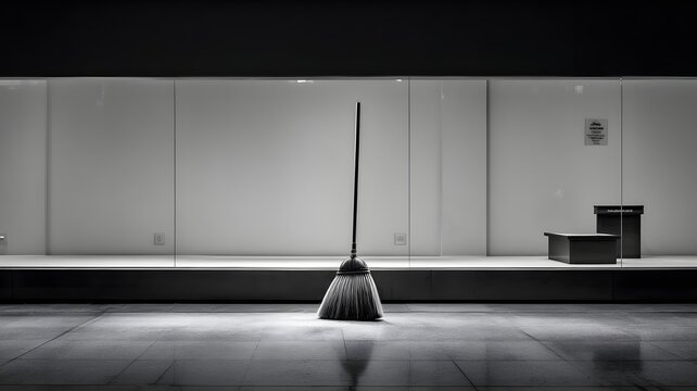 Lone broom standing in an empty minimalist gallery space, black and white. Generated by AI.