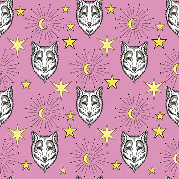 Wolf and moon pink hand drawn illustration repeating pattern