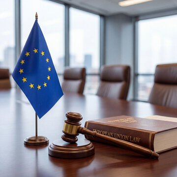 European Union flag stands beside a wooden gavel and legal book on a polished corporate conference table.