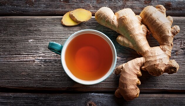 Cup Of Tea With Ginger Root On Grey Wooden Table