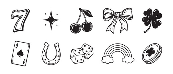 Obraz premium slot machine symbols in hand drawn doodle outline style with playful and whimsical mood, top-down perspective, black and white vector illustration for casino games and lucky symbols themes.