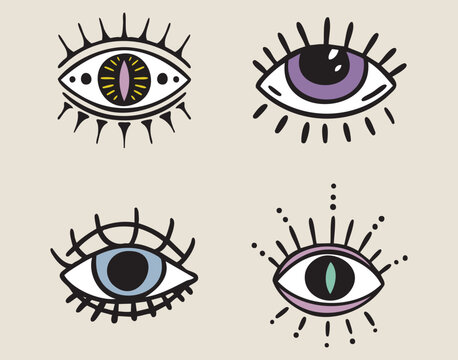 Esoteric all seeing eyes set, mystical patterned eyes, boho mystical witchy hand drawn style