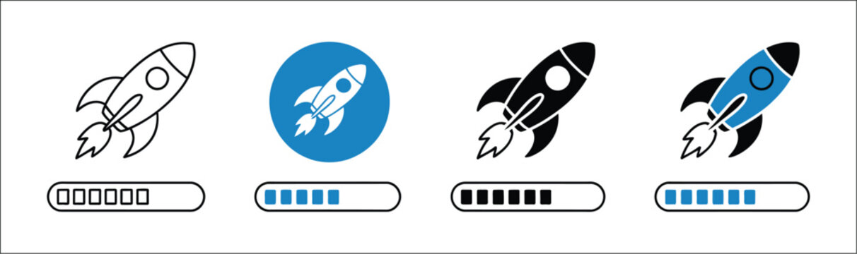 Rocket ship loading bar icon set, website and software development progress indicators, startup launch and technology interface symbols, blue black vector illustration