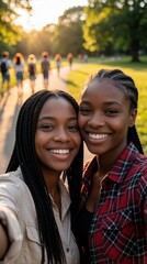 Obraz premium Two young black women take selfie together in park during golden hour. Smiling friends enjoy summer evening outdoors. Happy African female duo celebrates love, pride with rainbow flag background.