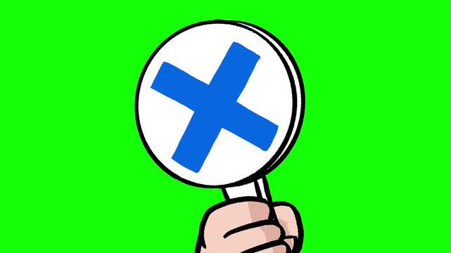 Hand Holding a Round X Mark Sign Appearing, Chroma Key Animation for Incorrect Answers, Rejection and Judgment