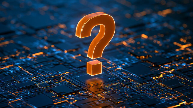 Glowing question mark on high-tech circuit board with orange lighting. Ideal for cybersecurity or AI uncertainty concepts.