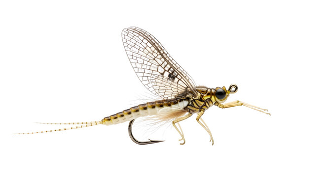 Detailed macro photography of a lifelike artificial mayfly fishing lure isolated on a professional clean transparent background