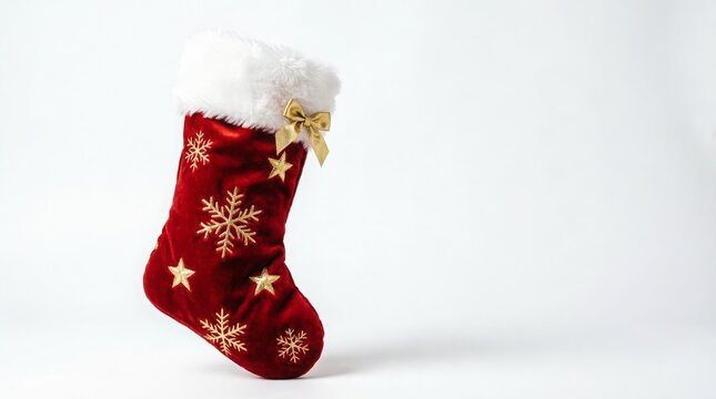 Empty red velvet Christmas stocking decorated with gold snowflakes, stars, and a bow on white background.