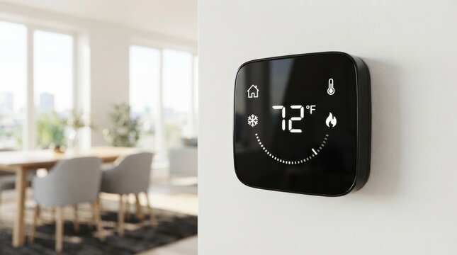 Digital thermostat device on wall for smart home temperature regulation and energy efficiency.