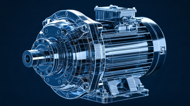 A futuristic blue wireframe 3D model of an industrial electric motor glows on a dark background. Ideal for engineering and advanced technology concepts.