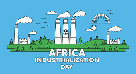 Obraz premium Industrialization vector illustration showing nuclear power plant chimneys and factories under a blue sky for Africa industrialization day concepts