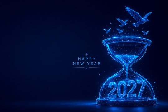 Abstract digital hourglass with 2027 year and flying birds as a futuristic new year concept digital art time passing glowing lines blue light hourglass futuristic conceptual abstract