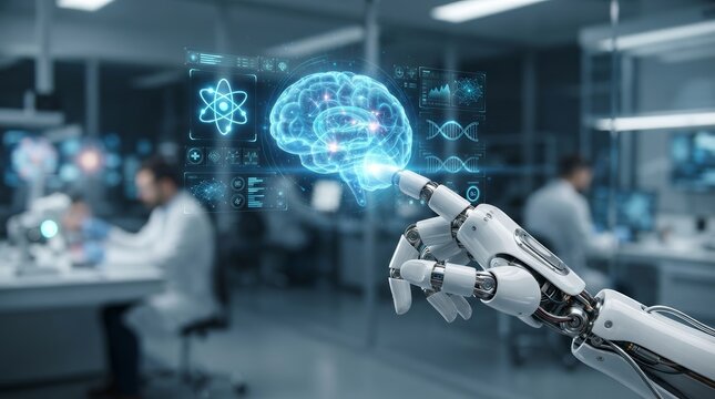 A robotic hand touching a digital brain interface for medical technology and AI healthcare.