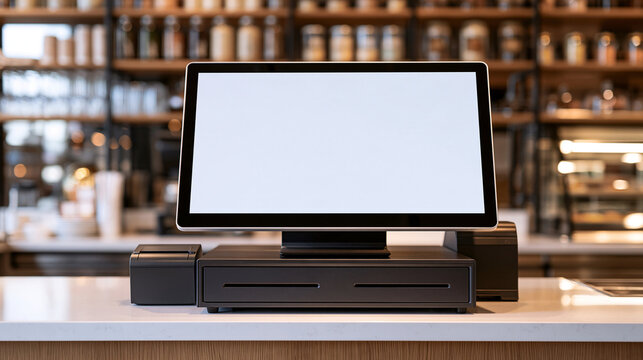 Modern point of sale system with a blank screen on a counter in a cafe. Ideal for retail or restaurant business concept.