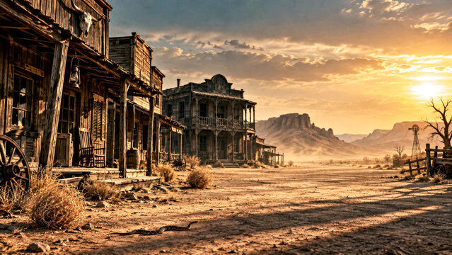 Abandoned Wild West Ghost Town in Desert at Sunset with Rattlesnake, Weathered Buildings and Dramatic Frontier Landscape