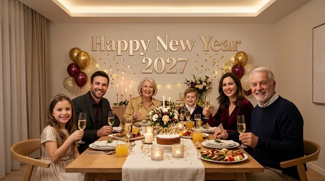 Multi-generational family celebrating new year 2027 at a dinner table with champagne and cake