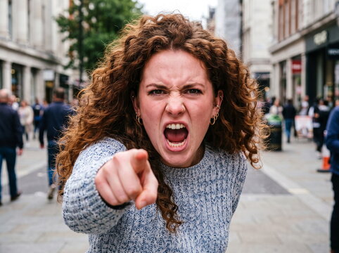 Furious Woman Shouting and Pointing Aggressively at Camera Outdoors