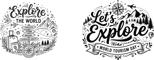 Set of two hand drawn travel themed circular badges with inspirational quotes explore the world and lets explore featuring mountains compass and forest elements © Asimon