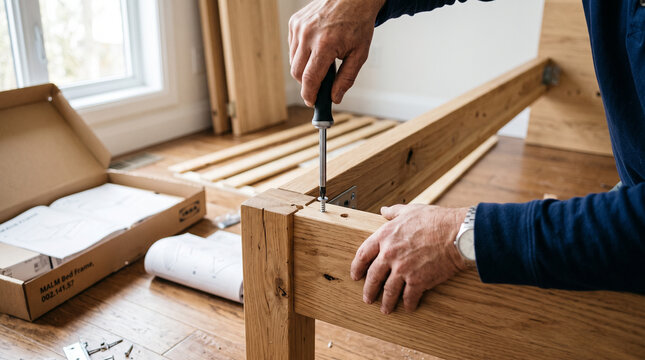 Man assembling wooden furniture using a screwdriver in a bright room  
