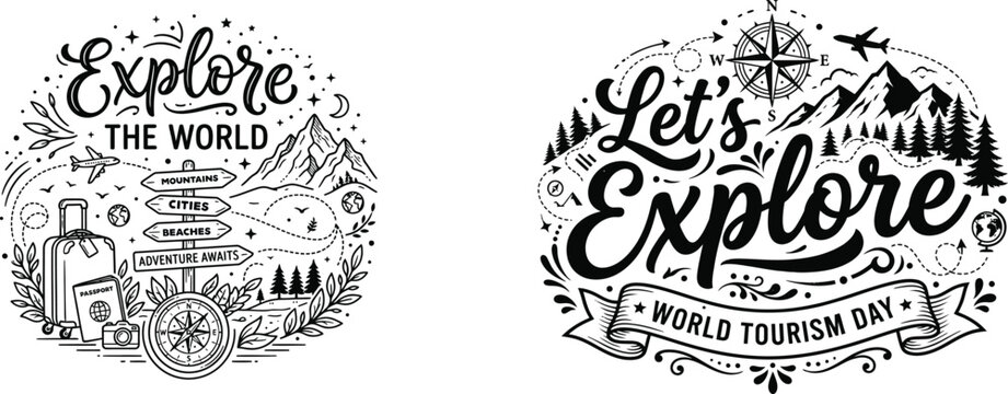 Set of two hand drawn travel themed circular badges with inspirational quotes explore the world and lets explore featuring mountains compass and forest elements