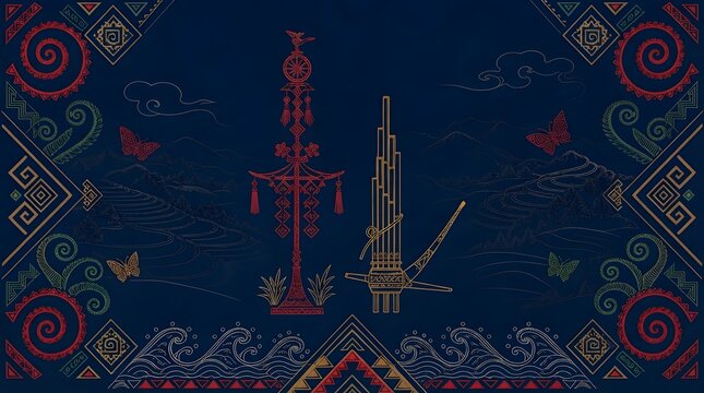 Traditional Miao embroidery pattern on dark blue fabric with colorful birds, spirals, geometric borders, arrows, waves and central tribal motifs for ethnic textile, cultural decor and heritage art!!!!
