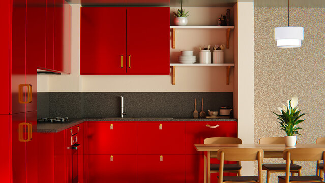 3D Illustration Modern Red Kitchen Interior with Dining Area