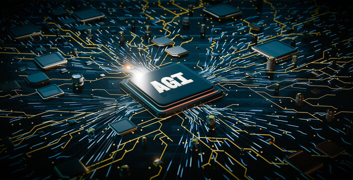 AGI Processor Chip on Circuit Board with Glowing Light Beams, Artificial General Intelligence 3D Illustration