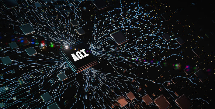 AGI Chip Radiating Circuit Traces on Dark Motherboard 3D Illustration