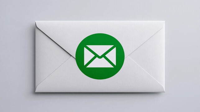 A white envelope sealed with a green mail icon sticker. Useful for newsletter marketing or email correspondence concepts.