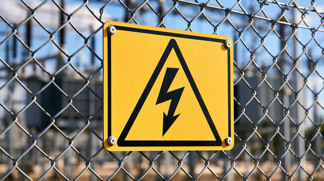 Yellow high voltage danger sign mounted on a chain link fence at a power substation. Ideal for electrical safety and energy hazard concepts.