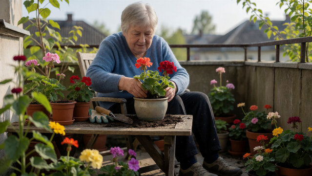 Eine &auml;ltere Frau topft auf ihrem Balkon eine bl&uuml;hende Pflanze um. Die ruhige Szene verbindet Gartenarbeit mit dem Alltag auf einem kleinen Balkon.