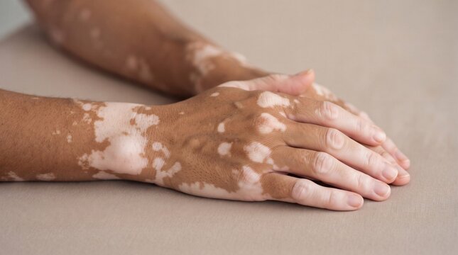 Close-up of human hands showing vitiligo skin condition with patches of depigmentation.