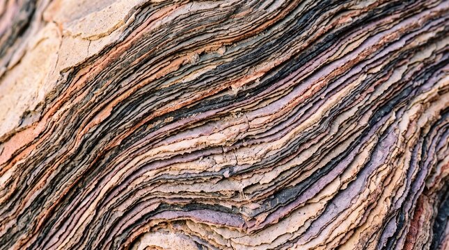 Detailed Close Up Macro View of Striated Layered Rock Formations Featuring Earthy Toned Patterns