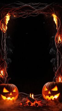 Dark Halloween Spooky Frame Animation with Glowing Jack O Lantern Pumpkins and Fiery Vine Border
