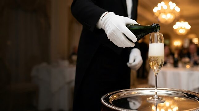 Waiter in white gloves pouring champagne into a flute at a formal event