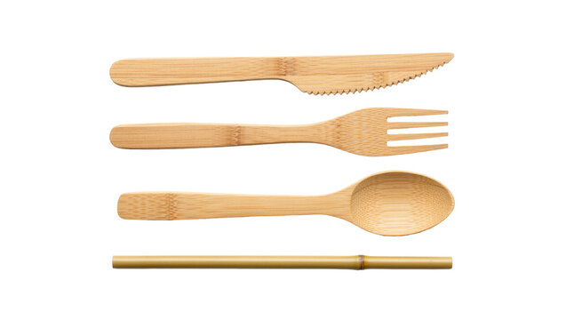 Natural bamboo cutlery set with a drinking straw, isolated on transparent background
