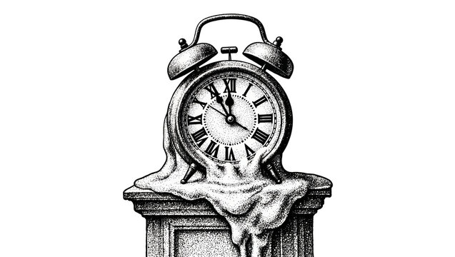 Melting alarm clock with Roman numerals, isolated on transparent background
