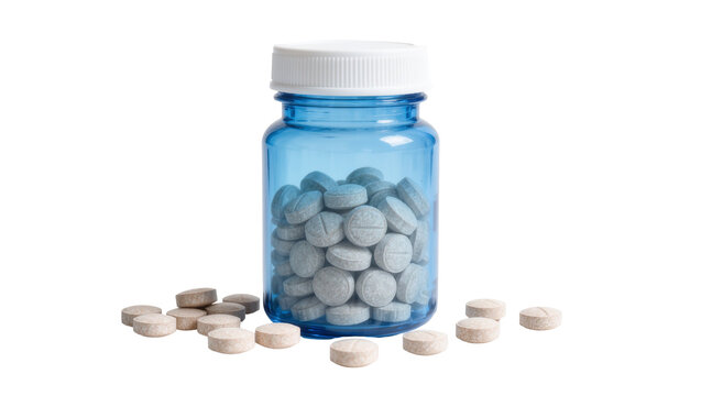 Blue plastic pill bottle filled with gray tablets, scattered pills isolated on transparent background