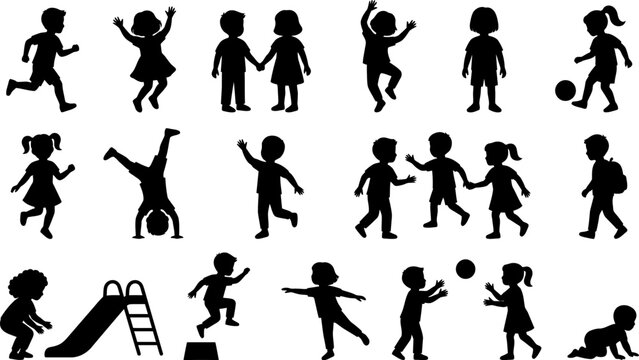 Collection of diverse children silhouettes showing playful activities including running, dancing, jumping, playing, reading, and crawling for inclusive childhood designs
