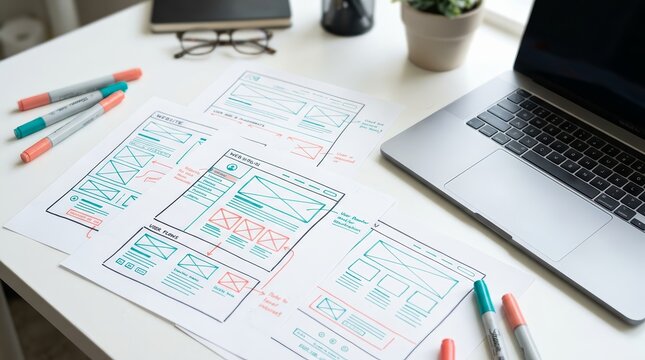 Hand-drawn website wireframes on paper next to a laptop, illustrating the web design process.