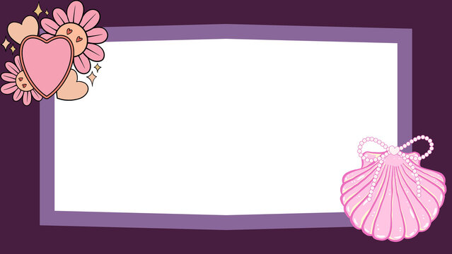 Charming decorative frame illustration with pink hearts, a cheerful flower, and a whimsical seashell purse on a purple background, ideal for invitations or cute messages