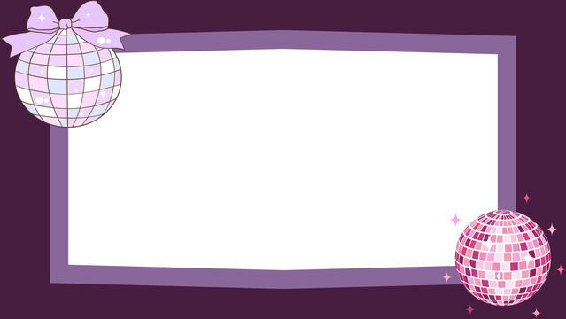 Sparkling disco ball frame on a vibrant purple background, creating a festive template for glamorous parties, invitations, or celebration announcements with a retro flair